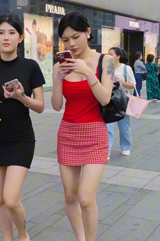 XM021红色格子短裙吊带美女和闺蜜逛街，粉色内内